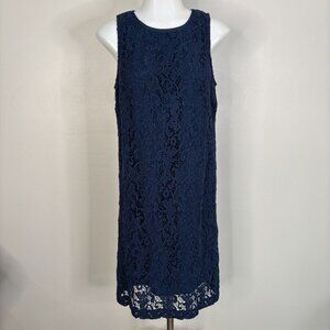 LOFT Shift Dress 6 Navy Blue Crochet Lace Sleeveless Women's